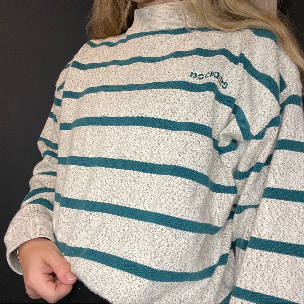 Dockers Teal and White Striped Crewneck Sweater